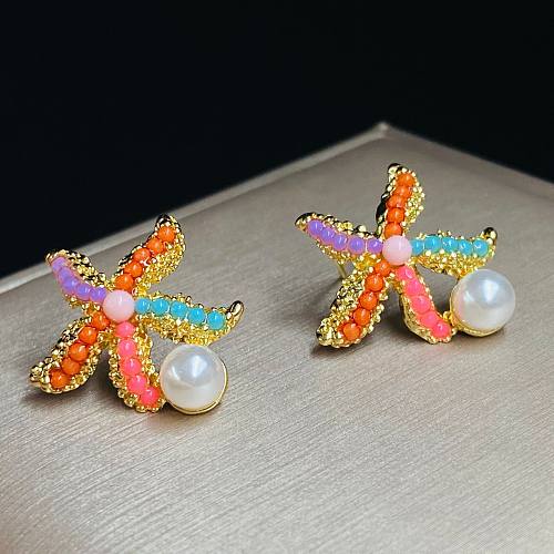 1 Pair Simple Style Starfish Inlay Copper Artificial Pearls Glass Ear Studs