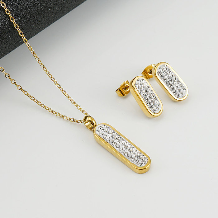 Fashion Oval Stainless Steel Plating Zircon Earrings Necklace 1 Set