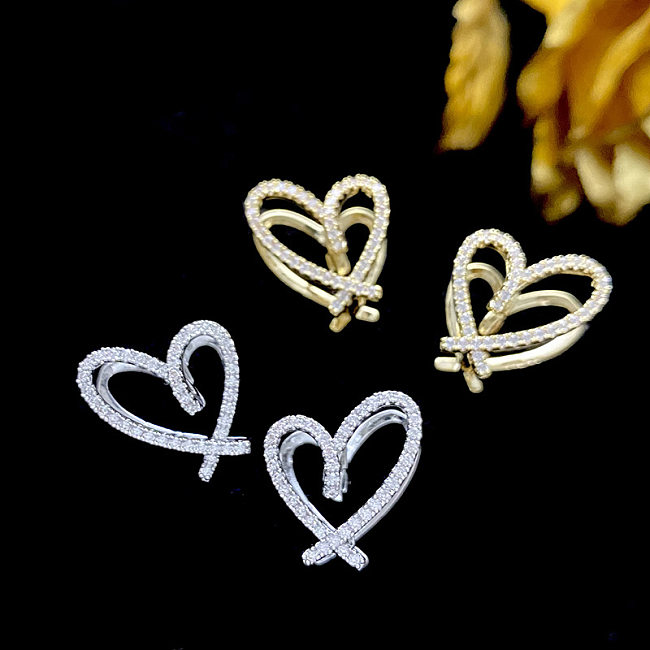 1 Pair Simple Style Heart Shape Inlay Copper Zircon Ear Studs
