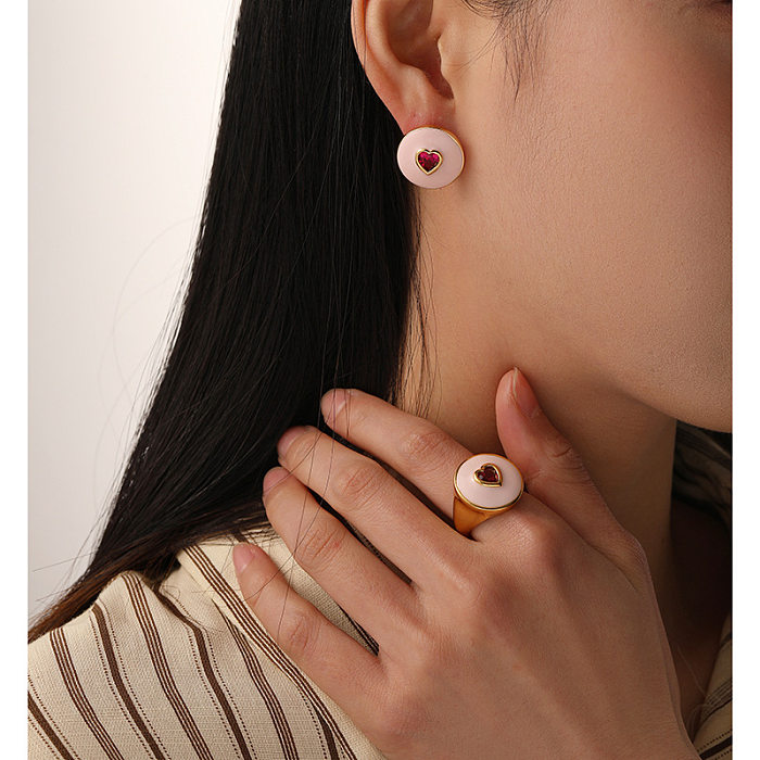 Classic Style Heart Shape Copper Enamel Inlay Zircon Rings Earrings