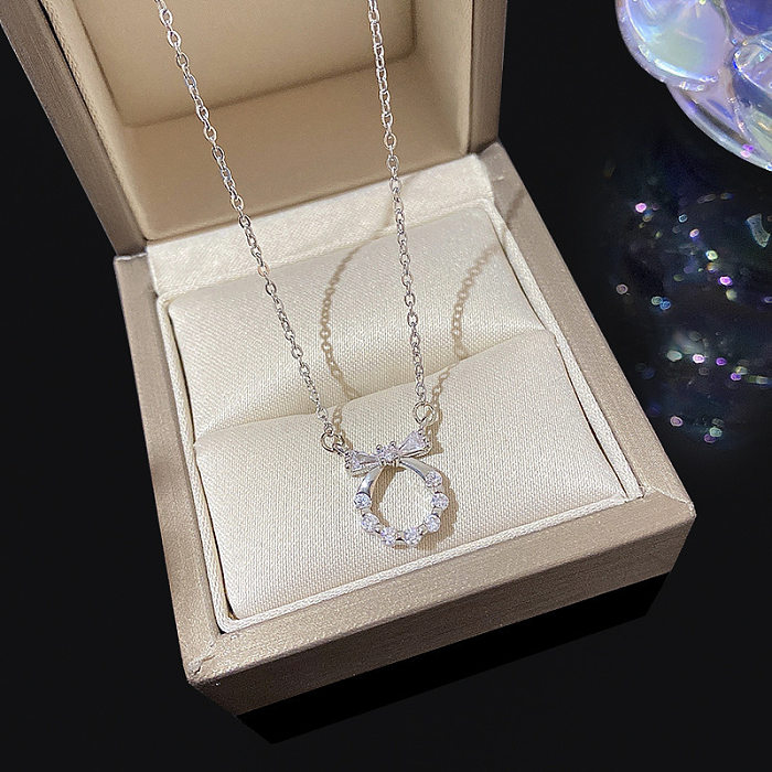 Simple Style Heart Shape Flower Bow Knot Titanium Steel Copper Plating Inlay Artificial Gemstones Pendant Necklace