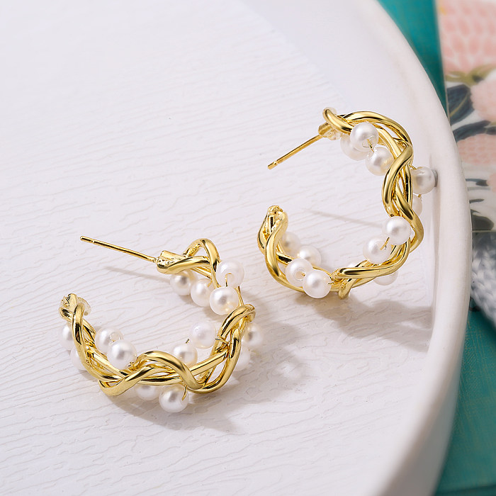 1 Pair Simple Style Commute C Shape Inlay Copper Artificial Pearls 18K Gold Plated Earrings