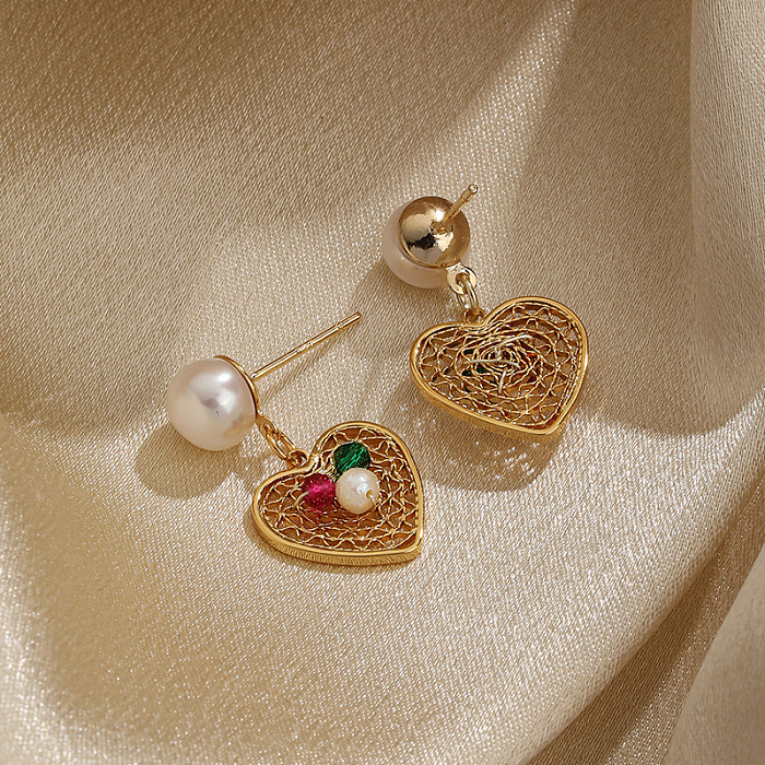 1 par elegante estilo simples streetwear formato de coração chapeado cobre 18K brincos banhados a ouro