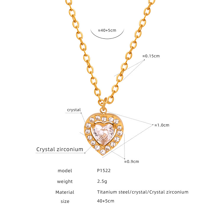 Lujoso y brillante forma de corazón geométrico, chapado en acero de titanio, incrustaciones de diamantes de imitación, piedra de cristal, pendientes chapados en oro de 18K, collar