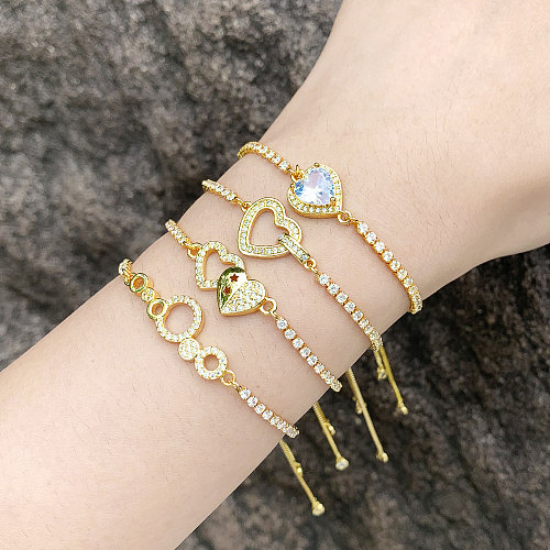 Fashion Simple Style Round Heart Shape Copper Plating Inlay Zircon 18K Gold Plated Bracelets