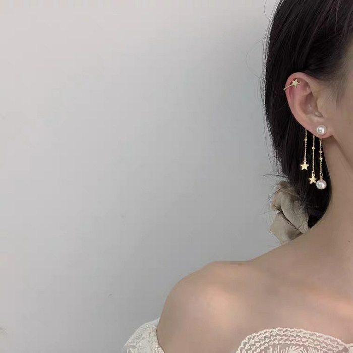 1 Pair Elegant Simple Style Star Tassel Asymmetrical Plating Inlay Copper Pearl Ear Clips Ear Studs