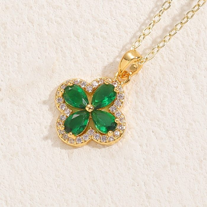 Elegant Luxurious Classic Style Four Leaf Clover Copper 14K Gold Plated Zircon Pendant Necklace In Bulk