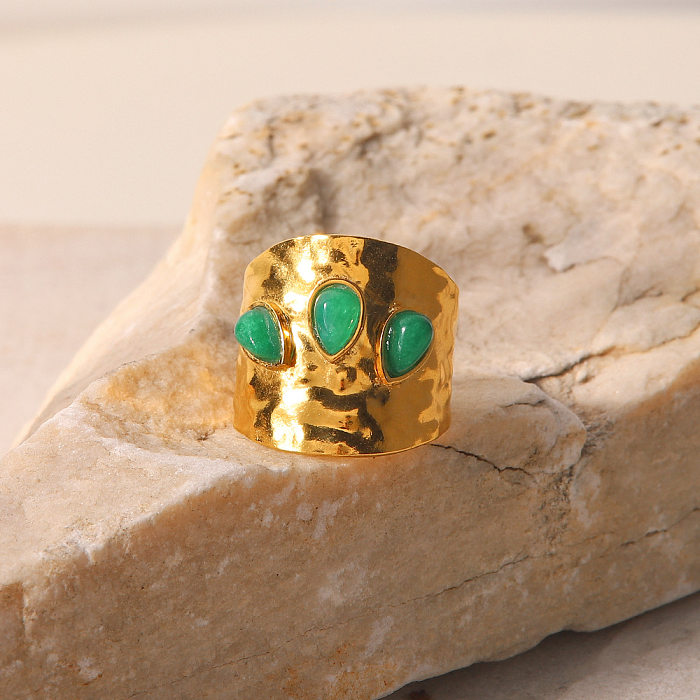 Exaggerated Geometric Stainless Steel Inlay Natural Stone Open Ring