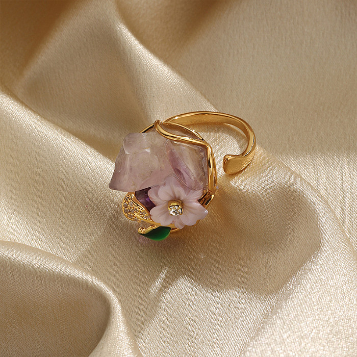 Offene Ringe mit Retro-Pendelblume, Kupferbeschichtung, Inlay, Amethyst-Zirkon, 18 Karat vergoldet
