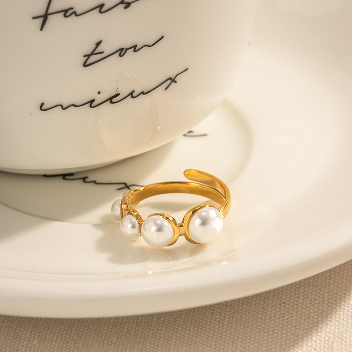 Basic Modern Style Geometric Stainless Steel Plating Inlay Artificial Pearls 18K Gold Plated Open Rings
