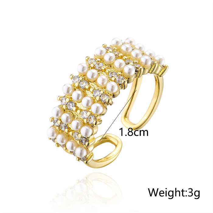 Anillo ajustable con diseño de apertura de perlas de mijo de 18 hileras de oro de 4 quilates chapado en cobre