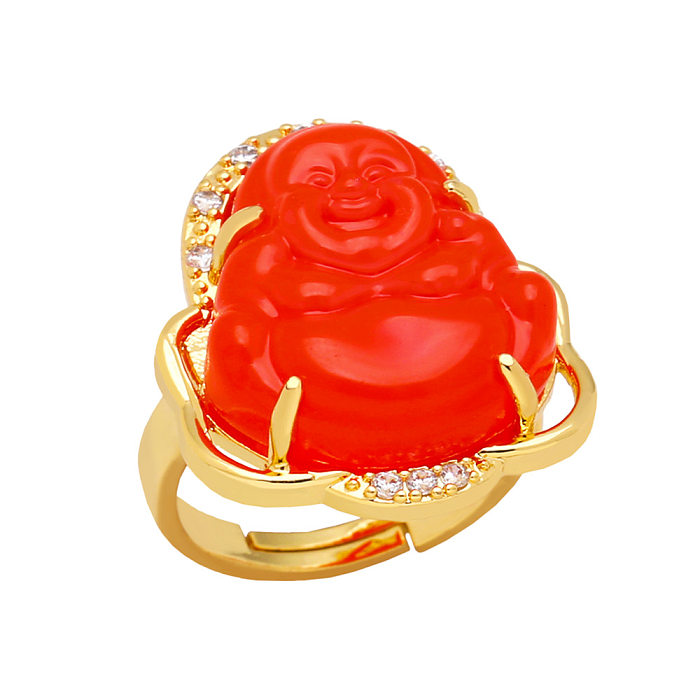 Anillo abierto de cobre de Buda chinoiserie, anillos de cobre de vidrio chapado