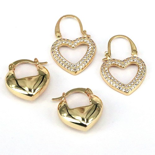 1 Paar Streetwear-Ohrringe in Herzform mit Inlay aus Kupfer und Zirkon vergoldet