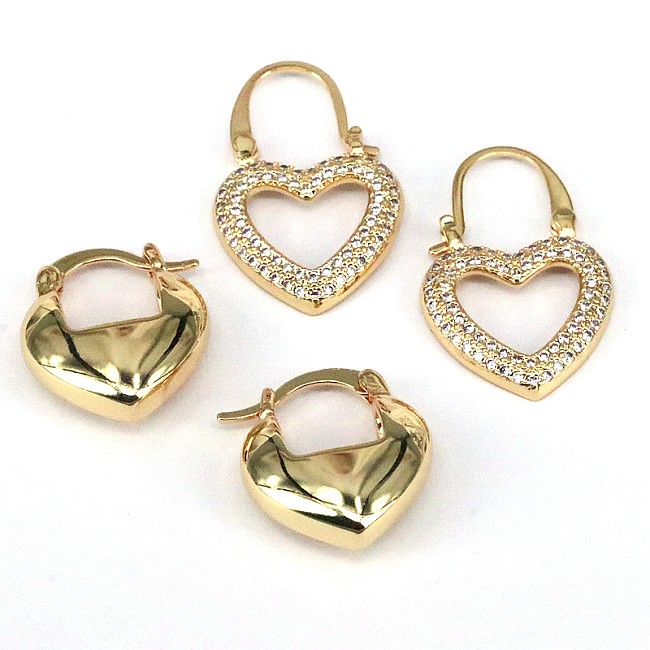 1 paire de boucles d'oreilles Streetwear en forme de cœur, incrustation de cuivre et de Zircon plaqué or