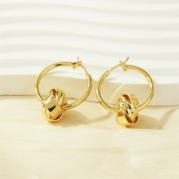 1 paire de boucles d'oreilles en cuivre plaqué or 18 carats, Style Simple, nœud rond