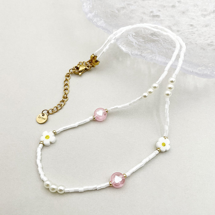 Princess Cute Simple Style Heart Shape Flower Stainless Steel Beaded Plating Gold Plated Bracelets Necklace