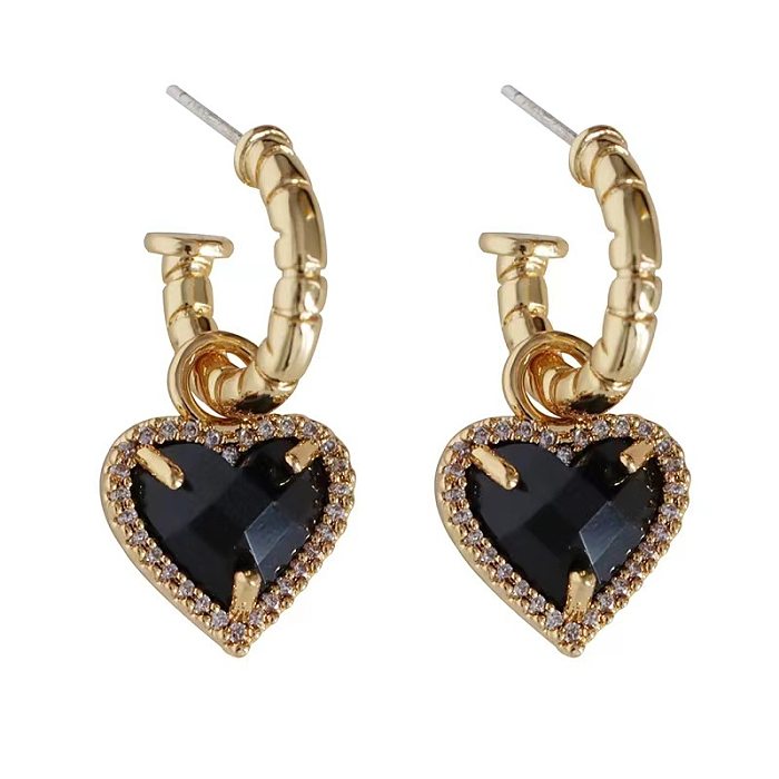 Boucles d'oreilles en cuivre en forme de cœur à la mode, incrustation de placage de pierres précieuses artificielles, boucles d'oreilles en cuivre