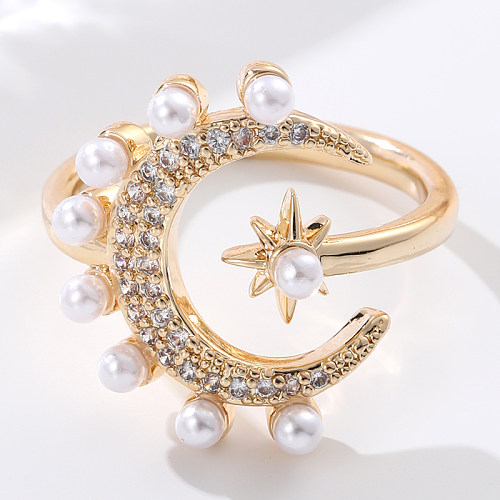 Elegant Streetwear Moon Copper Inlay Artificial Pearls Zircon Open Rings