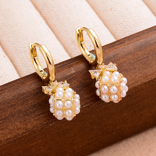 1 Pair IG Style Elegant Geometric Plating Three-dimensional Inlay Copper Pearl Zircon 14K Gold Plated Drop Earrings
