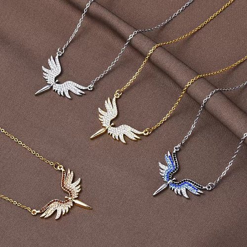 1 Piece Retro Angel Wings Copper Inlay Rhinestones Pendant Necklace