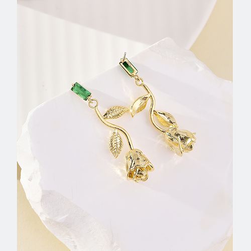 1 paire de boucles d'oreilles pendantes en cuivre et zircon plaqué or 18 carats, style glamour vintage, incrustation de fleurs