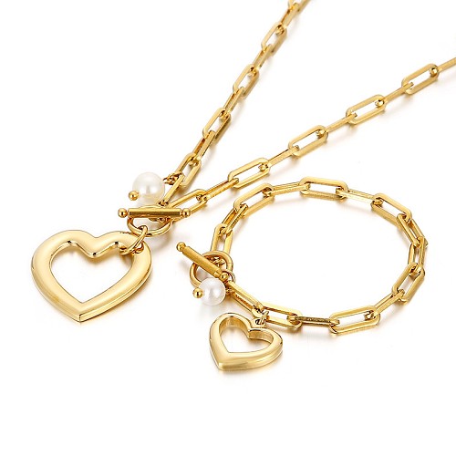 Simples de aço inoxidável grosso corrente em forma de coração pulseira colar conjunto quadrado corrente ot fivela jóias
