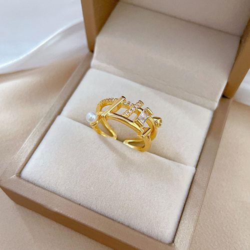Fashion Solid Color Brass Plating Inlay Pearl Zircon Open Ring 1 Piece