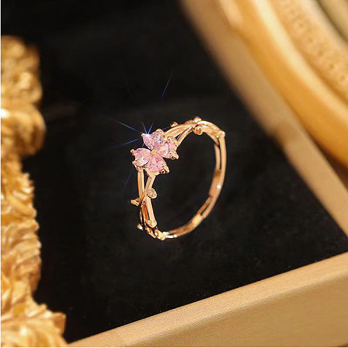 Lady Simple Style Korean Style Flower Copper Inlay Zircon Open Rings