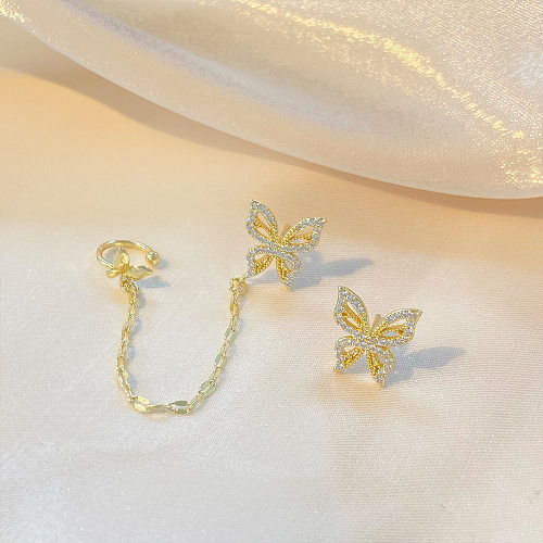 1 par de clipes de orelha de diamante artificial estilo fada borboleta cobre incrustado