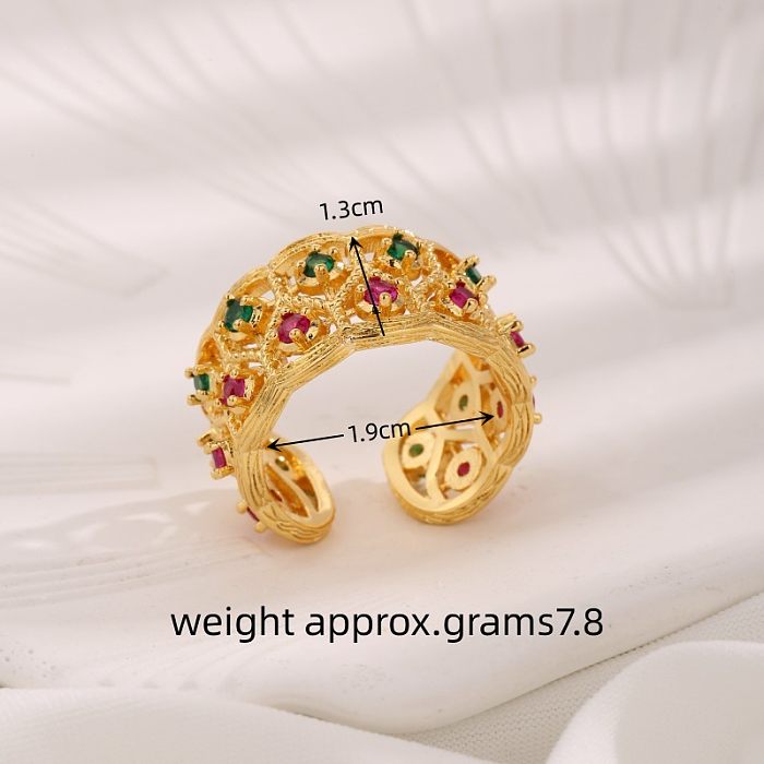 Retro Luxurious Vacation Geometric Copper Plating Hollow Out Inlay Zircon 18K Gold Plated Open Ring