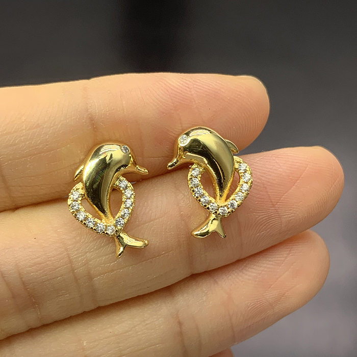 Simple Style Dolphin Copper Inlay Zircon Earrings 1 Pair