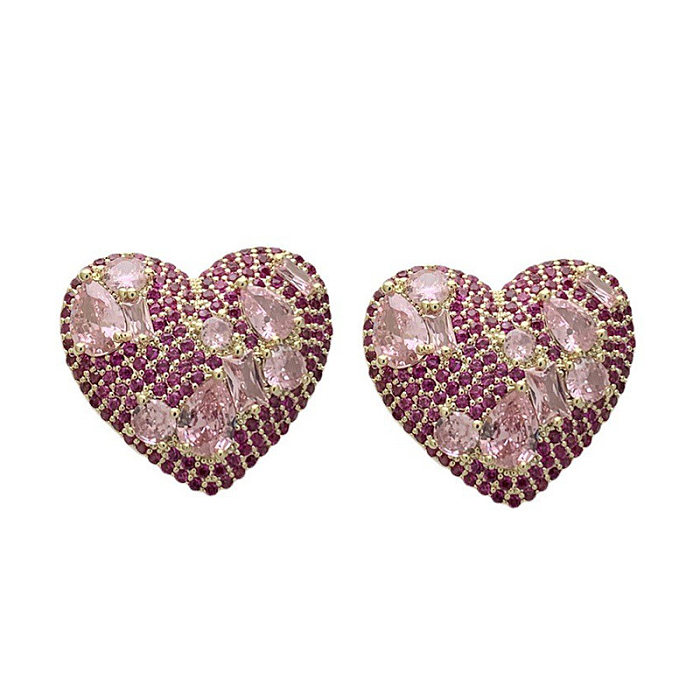 1 Pair Fairy Style Heart Shape Inlay Copper Zircon Ear Studs