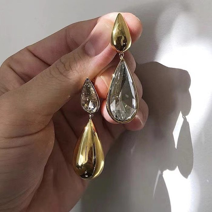 Boucles d'oreilles pendantes avec incrustation de gouttelettes d'eau de Style moderne, 1 paire de pierres précieuses artificielles en cuivre