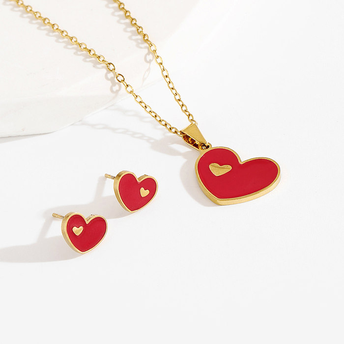 Romântico doce coração forma esmalte de aço inoxidável banhado a ouro 18K colar de brincos femininos