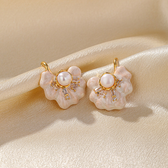 1 Pair Pastoral Commute Sector Butterfly Enamel Plating Inlay Copper Pearl Zircon 18K Gold Plated Ear Studs