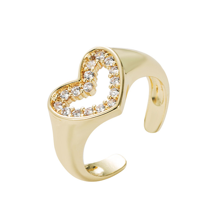 Estilo simples forma de coração chave cobre banhado a ouro zircão anel aberto 1 peça