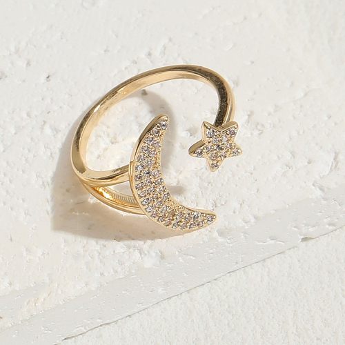 Elegant Luxurious Classic Style Star Moon Heart Shape Copper Asymmetrical Plating Inlay Zircon 14K Gold Plated Open Ring