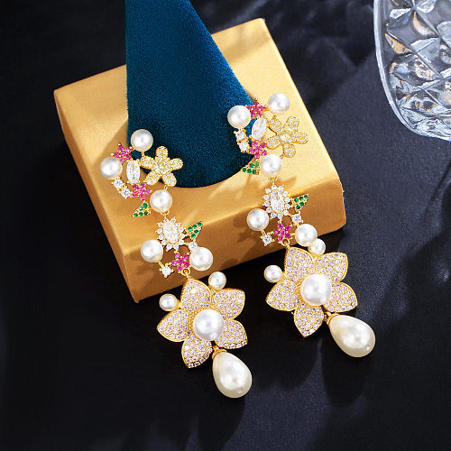 Boucles d'oreilles pendantes élégantes, 1 paire, incrustation de fleurs en cuivre, perles artificielles, diamant artificiel plaqué Rhodium, plaqué argent