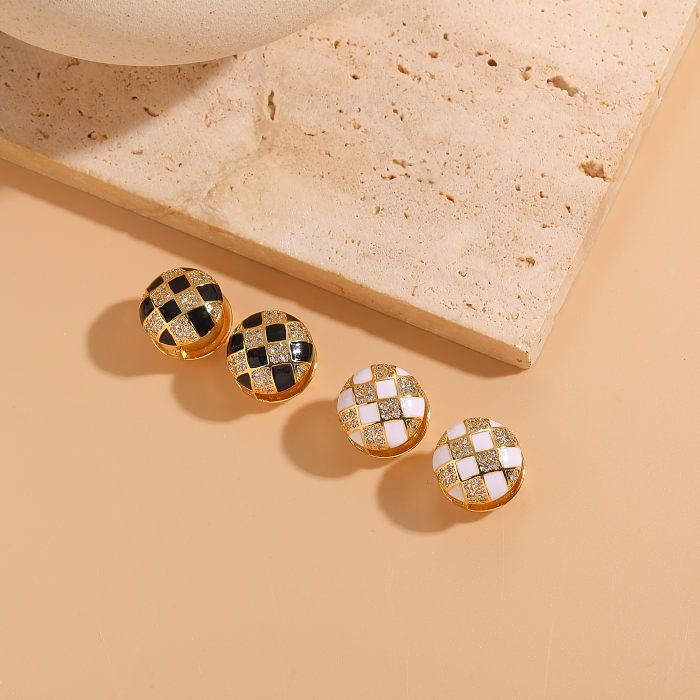1 Pair Classic Style Plaid Asymmetrical Plating Inlay Copper Zircon 14K Gold Plated Ear Studs