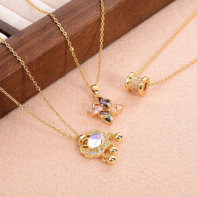 Elegant Cute Sweet Butterfly Copper 18K Gold Plated Glass Stone Zircon Pendant Necklace In Bulk