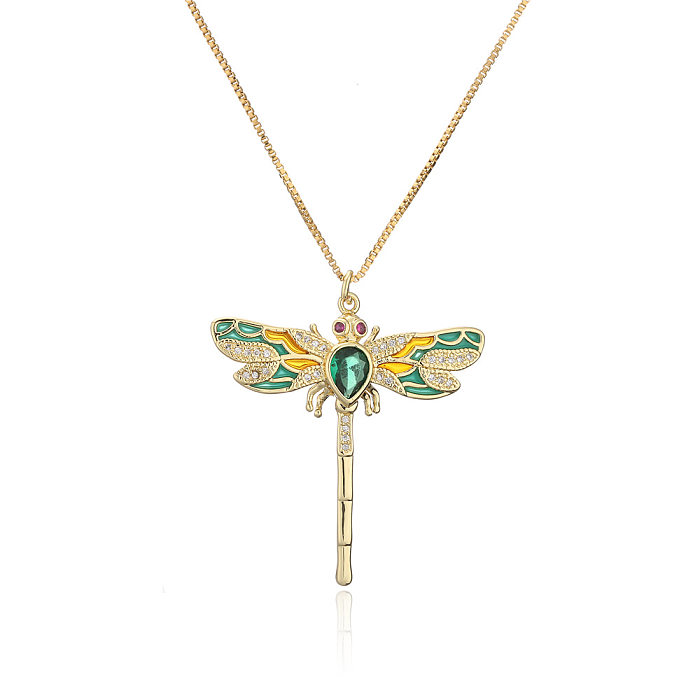 European And American Hot Sale New Product Copper Oil Dripping Zircon Dragonfly Pendant Golden Necklace
