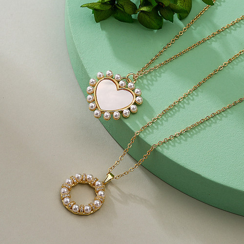 Lady Heart Shape Copper Plating Inlay Artificial Pearls Zircon 18K Gold Plated Pendant Necklace