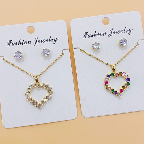 Conjunto De 2 Piezas De Collar De Pendientes De Mujer Chapado En Oro Con Circón Chapado En Cobre En Forma De Corazón Dulce