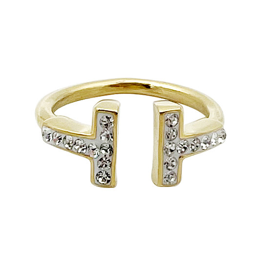 Eleganter offener Ring mit glänzendem Buchstaben-Edelstahl und Metallbeschichtung und Zirkon-Inlay