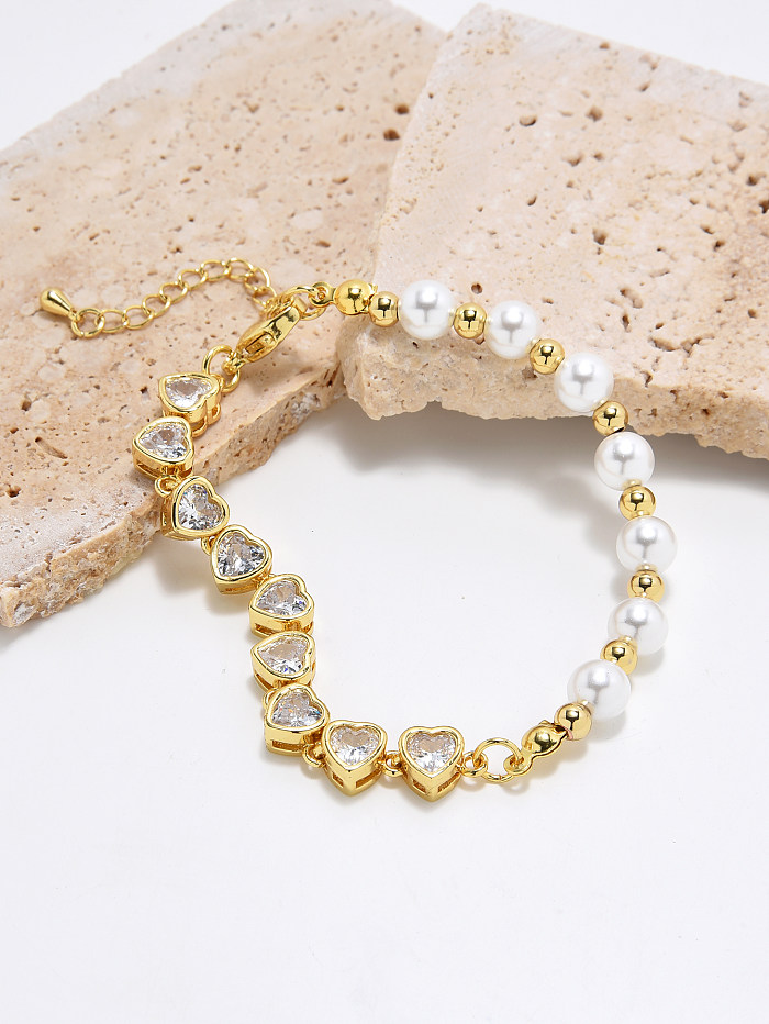 Bracelets plaqués or en Zircon, Style classique, Imitation de perles, en forme de cœur, incrustation de cuivre