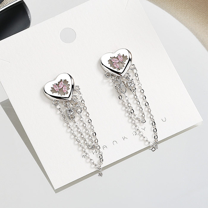 1 paire de boucles d'oreilles pendantes en forme de cœur, incrustation de placage de pampilles en cuivre et Zircon
