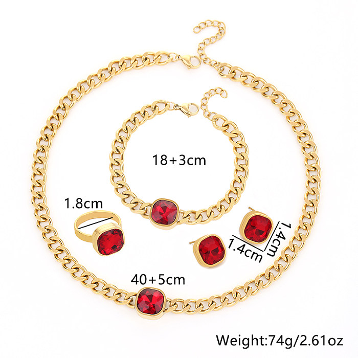 Glam Luxurious Lady Geometric Titanium Steel Inlay Zircon Rings Earrings Necklace