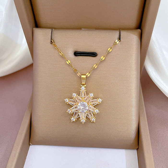 Classic Style Round Flower Stainless Steel Copper Plating Pendant Necklace
