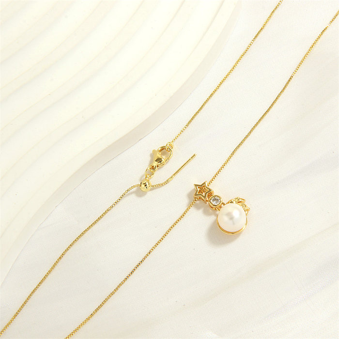 Elegant Simple Style Irregular Pentagram Rabbit Copper 18K Gold Plated Freshwater Pearl Zircon Pendant Necklace In Bulk