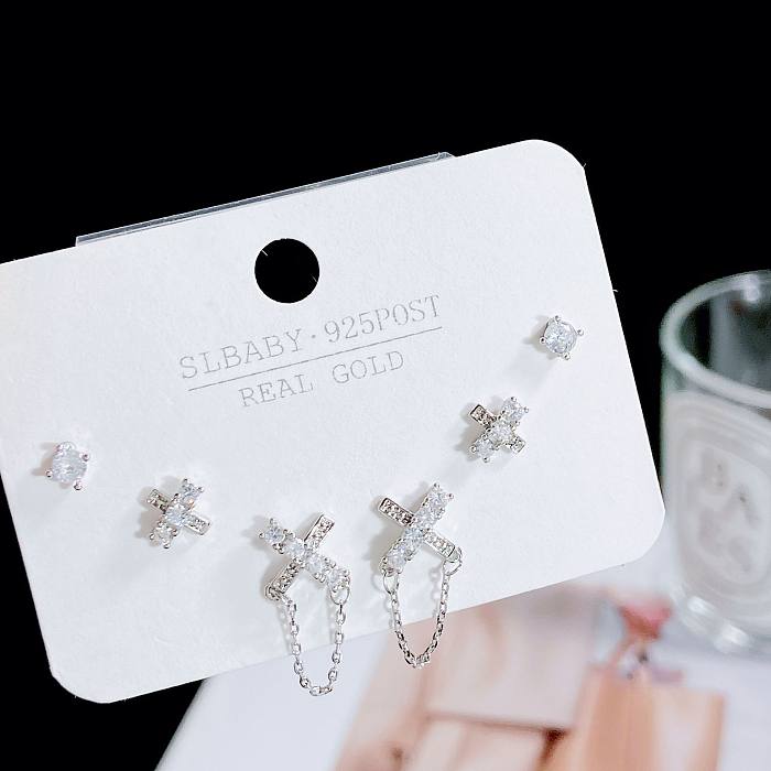 Simple Style Geometric Heart Shape Bow Knot Copper Plating Inlay Artificial Gemstones Ear Studs
